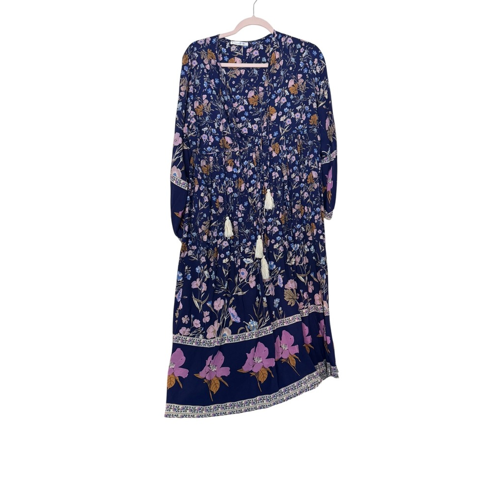 R.Vivimos Navy Blue Floral Boho Tassel Shift Dress Long Sleeve Sz L Cotton Blend
